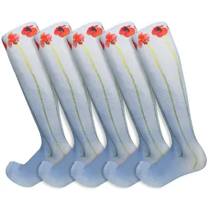 GTXVZYS 5 Pairs Light Blue Red Poppy Floral Knee-High Crew Socks Lightweight Breathable Polyester & Spandex Fabric Comfortable Fit for Daily & Fashion Inspired Wear Industrial Romance Design Elastic Unique Fashion Accessory Essential