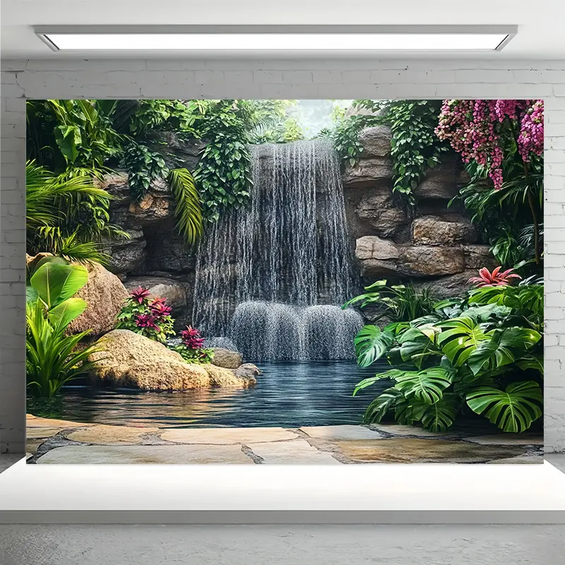 Lush Garden Waterfall Backdrop Nature Green Waterfall Backdrop Scenic Background Cloth Tropical Tapestry Wall Hanging Photography Background Polyester Fiber Living Room Bedroom Office Outdoor Party Event Decor Studio Prop Wall Art