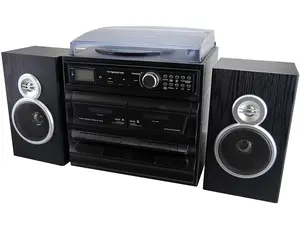 Trexonic TRX-811BS 3-Speed Vinyl Turntable Stereo System CD Player, FM Radio, Bluetooth, USB/SD Recording and Wired Shelf Speakers - Black