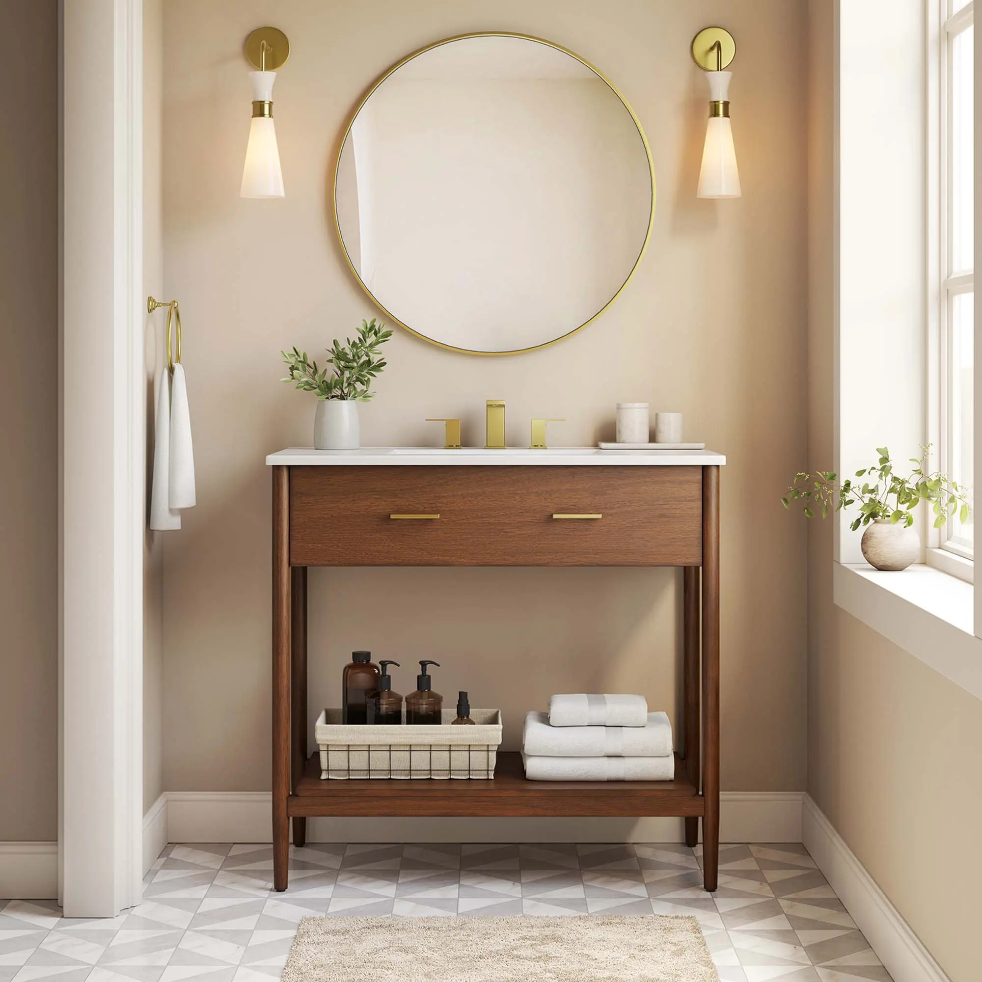 Walnut 36-in Wood Bathroom Vanity Cabinet - Metal Hardware, 375 lbs Weight Capacity, Adjustable Shelving, Assembly Required (Sink Basin Not Included), Floor Protection