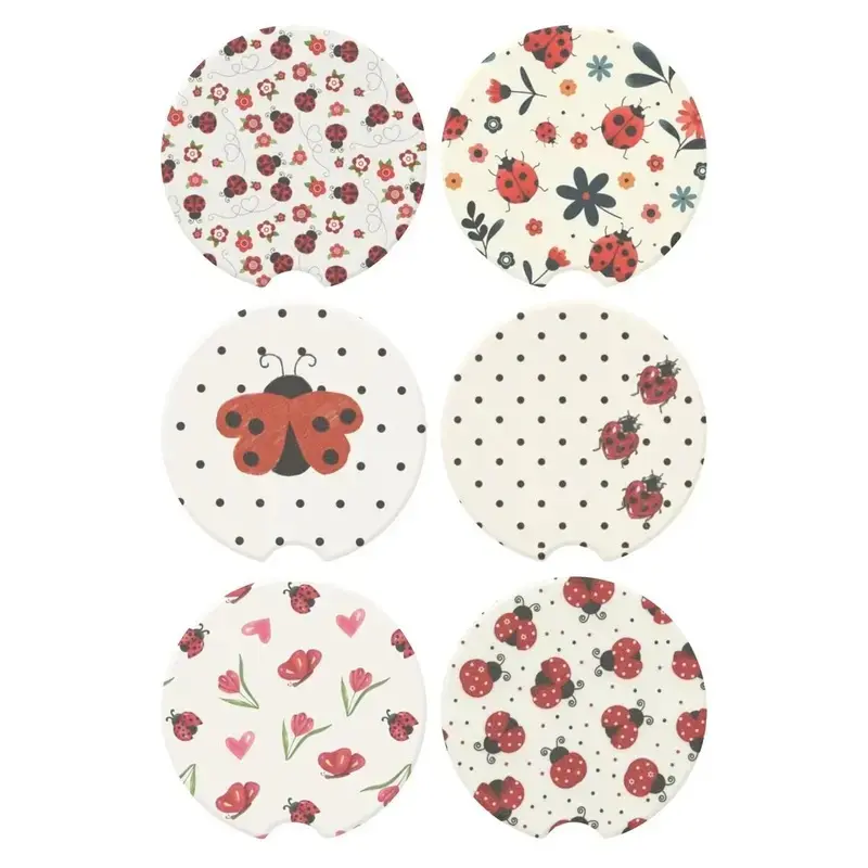 Polka Dot Floral Ladybug Car Coaster, Cute Absorbent Car Cup Holder Coasters, Aesthetic Auto Accessories
