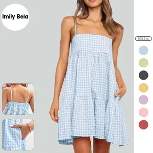 Imily Bela Womens Plaid A-line Dresses Shoulder Straps Ruffle Hem Casual Mini Dress with Side Pocket