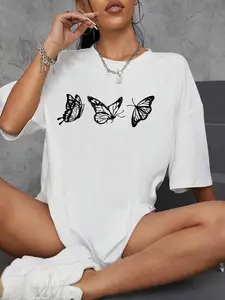 Women's Butterfly Graphic Print Round Neck Jersey Tee, Summer Clothes Women, Casual Fashion   Sleeve T-shirt for Summer, Women's Top for Daily Wear