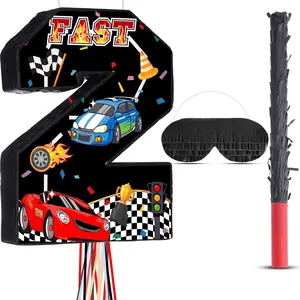 Pull String Race Car Piñata Number 2, Small Red Black Racing Theme Piñata for Birthday Party Decorations, Party Supplies with Blindfold Stick