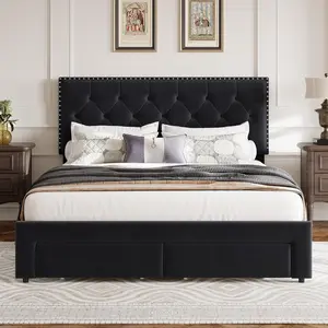 Soft Upholstered Platform Bed Frame with Storage Drawers, Diamond Button Tufted Wingback Headboard with Heavy Duty Wooden Slats, No Box Spring Needed, Easy Assembly