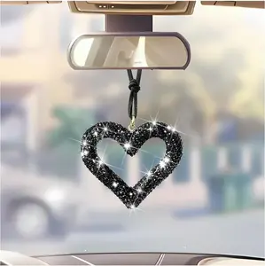 Bling Heart  Hanging Accessories,  Rhinestone  Rear View Mirror Charm Pendant Ornaments, Cute  Auto Interior Hanger Decoration for Women GirlsBlack