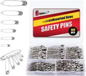 Safety Pins - 400 Pack, 6 Assorted Sizes (0.75"-2.17"),   Nickel-Plated Steel for Clothes, Sewing, and Crafting (400)