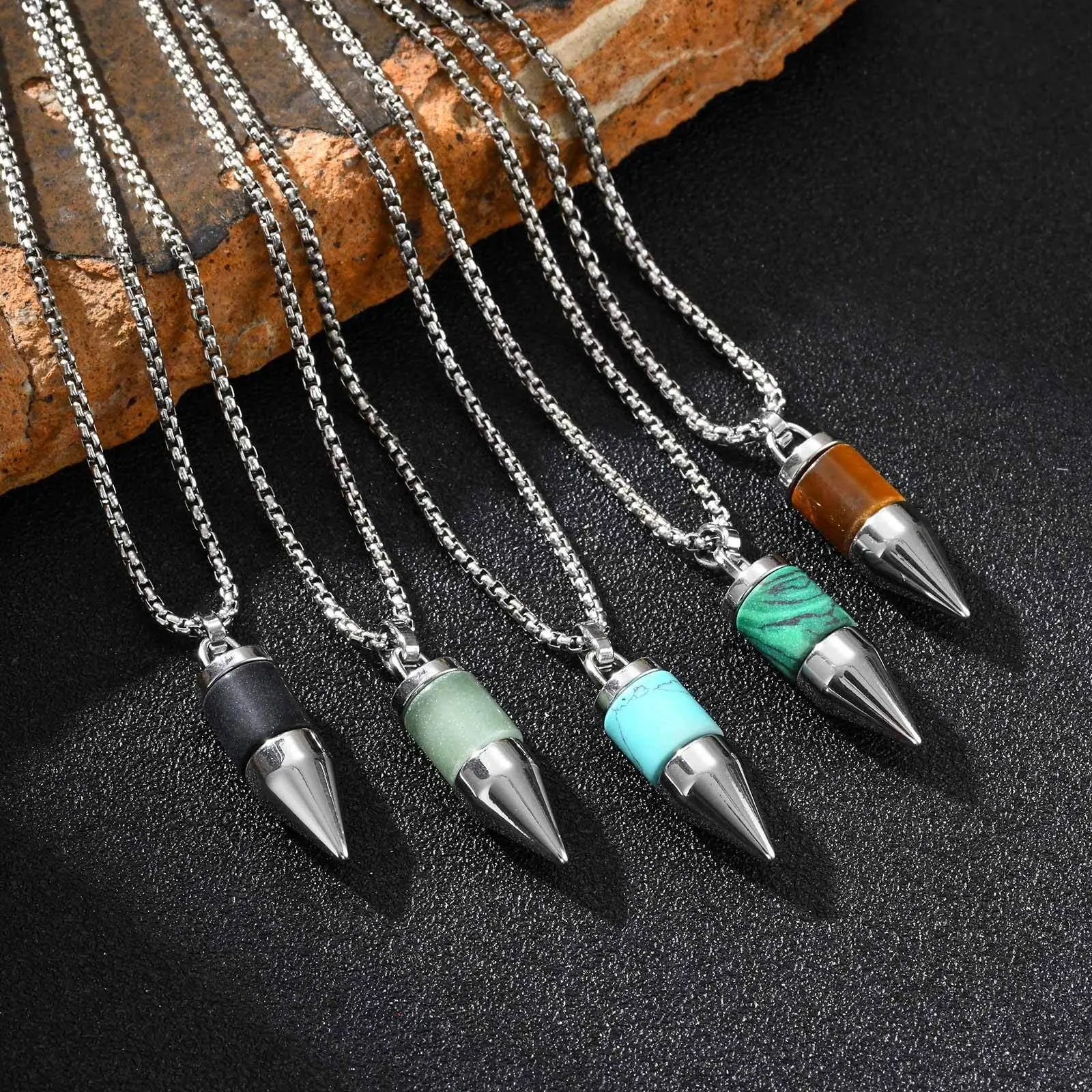 Vnox Trendy Bullet Natural Stone Pendant Necklace for Men, Durable Stainless Steel Box Chain Jewelry Gift for Father Husband Son
