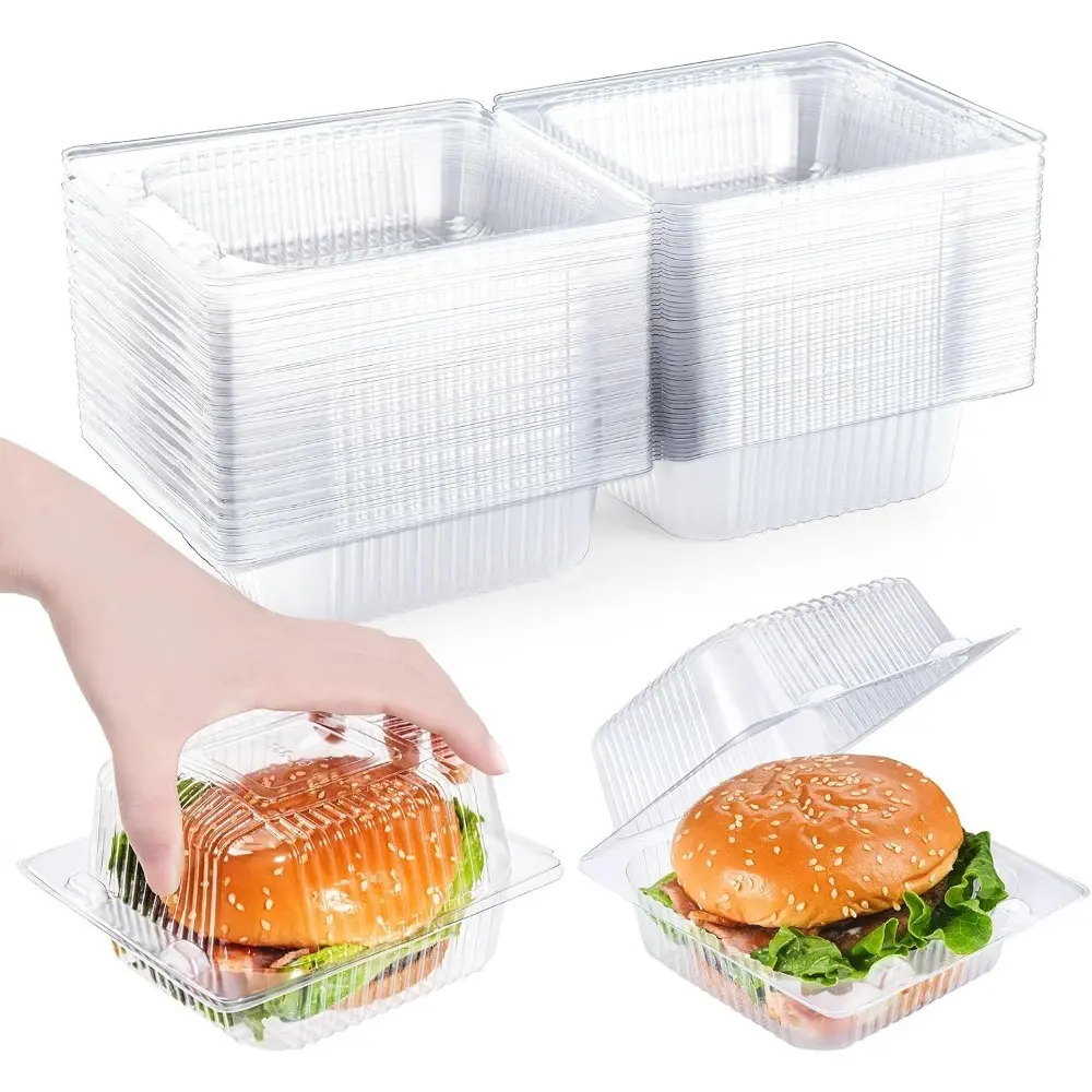 50 Pcs Heavy Duty Plastic Clear Clamshell Food Containers with Lids Disposable Hinged Individual Cake Slice Containers , To Go Food Containers for Dessert, Hamburger, Cookies, Salads, Snacksetc