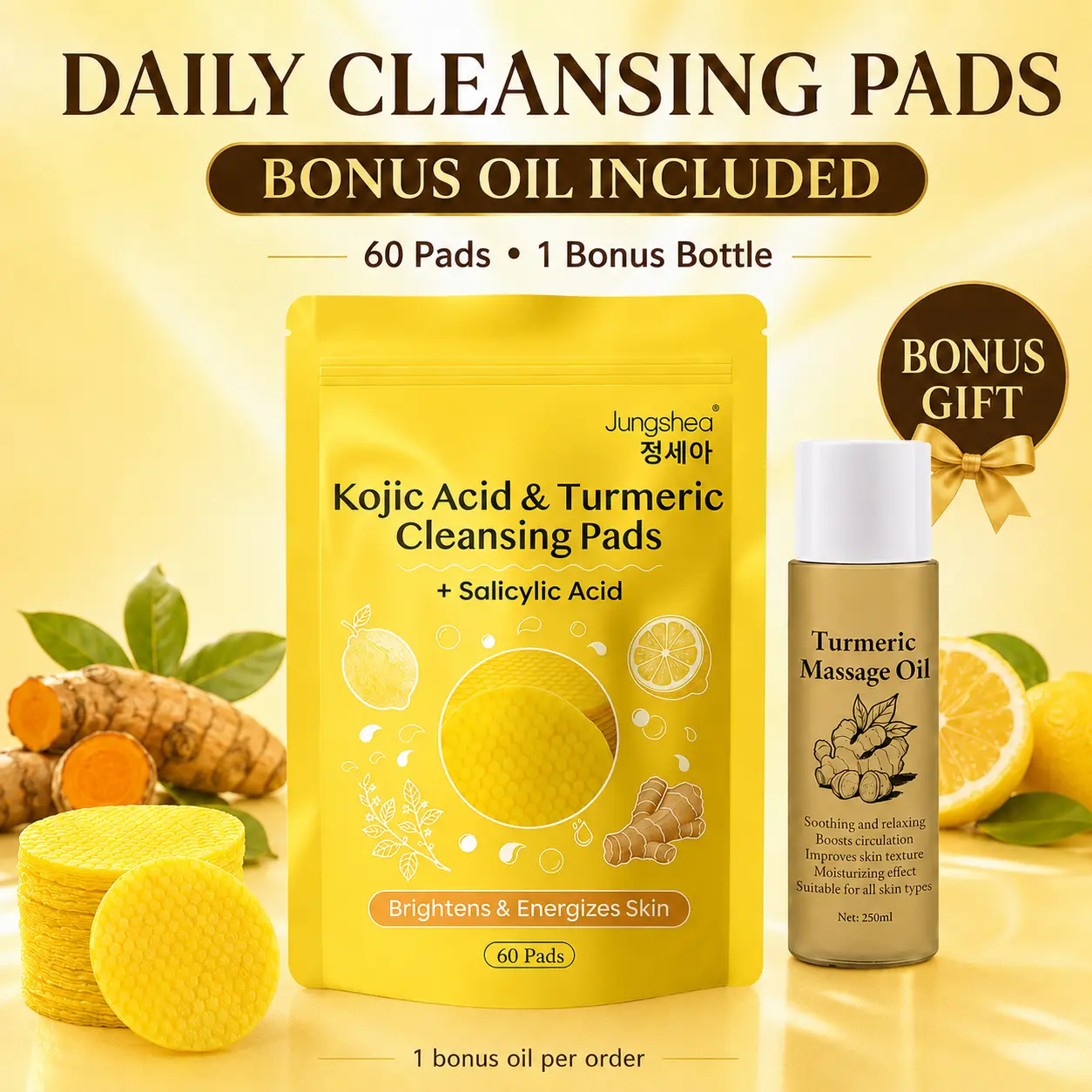 [Dealsforyou] Kojic Acid & Turmeric Textured Facial Cleansing Pads with Salicylic Acid (60 Pieces, 237g, Single Item) for Adults with Normal Skin + Bonus Turmeric Massage Oil for Brightening Acne