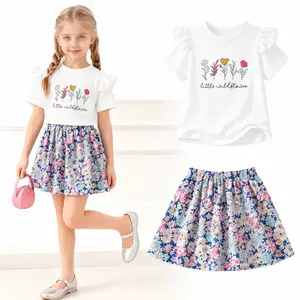 Girls Floral Outfit Set, Wildflower Print Ruffle Sleeve Top with Flower Pattern Skirt, Fashion Summer Two-Piece Clothes Set for Vacation and Everyday Wear