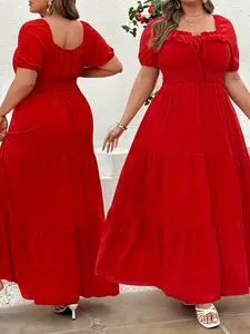 Women's Plus Size Bow Tie Waist Ruched Fashion Casual Elegant Dress, Loose-Fitting Midi Dress, Short Sleeve Woven Fabric, All Seasons