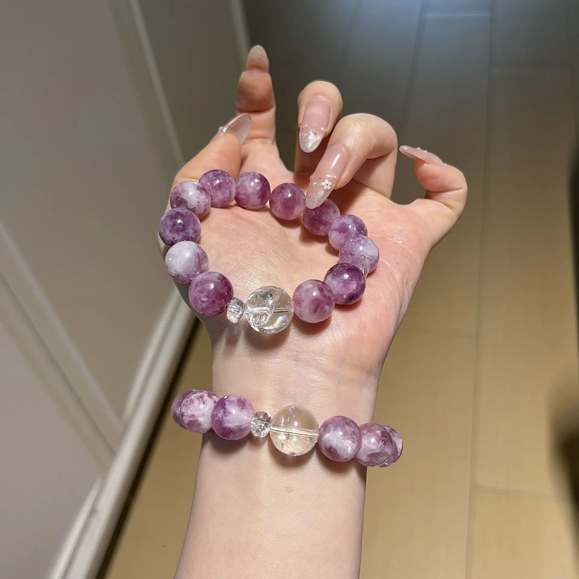 Soft Aesthetic Natural Lepidolite Beaded Bracelet, Purple Marbled Round Beads with Clear Quartz Accent, Elastic Stretch Handmade Stackable Jewelry for Women