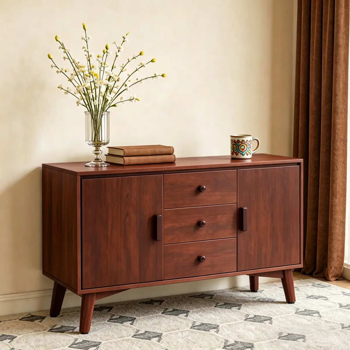 [Fahuac] 47.3" Mid Century Modern 1950s Style Wood Sideboard Buffet Cabinet - Solid Wood Legs, 2 Doors, 3 Drawers, 3-Section Crafted Adjustable Multi-Compartment Kitchen Storage Cupboard, Walnut, Wood Cabinets, 1950S Style Cabinets