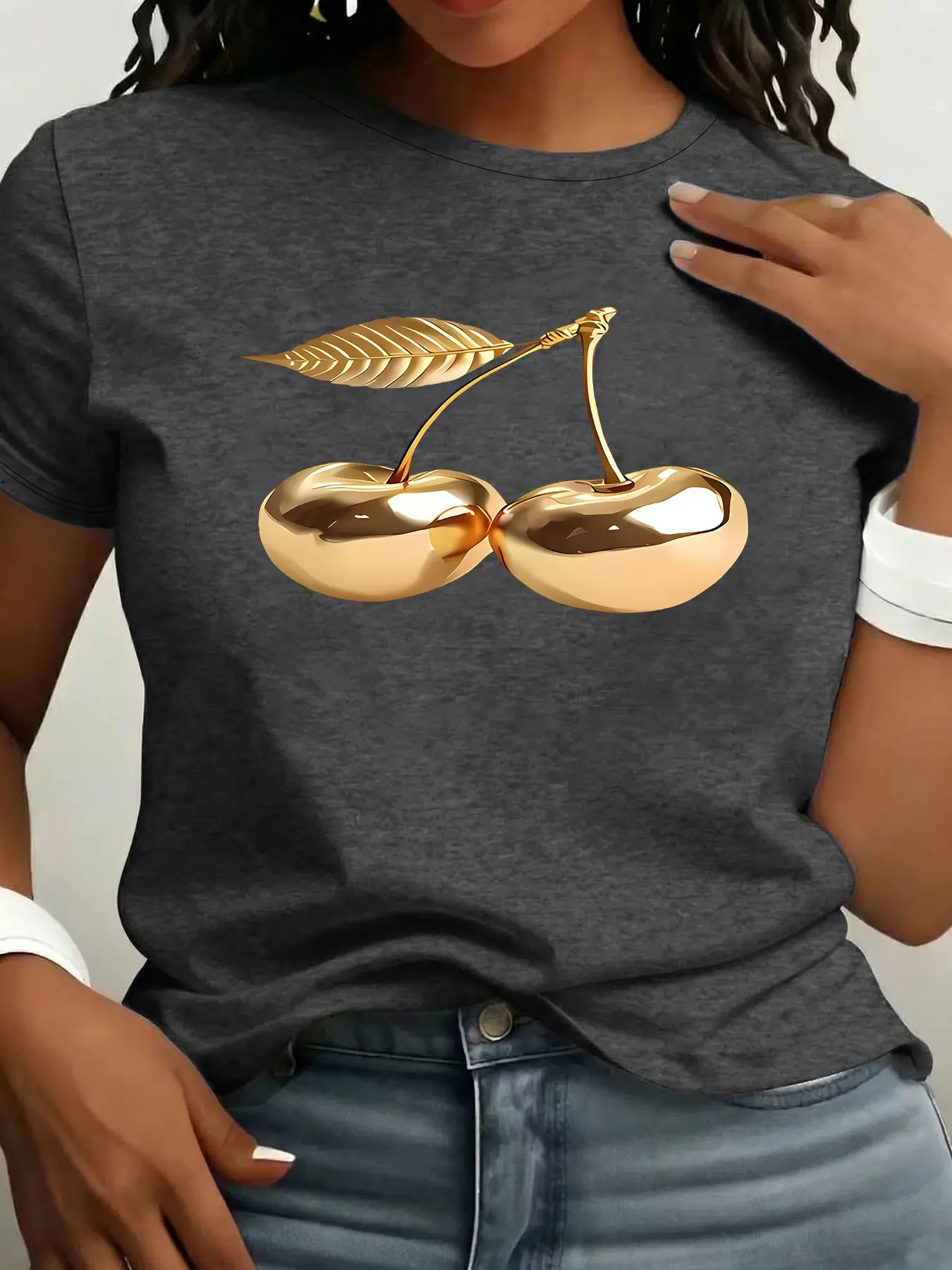 Summer Women's Luxurious Geometric Cherry Print Round Neck T-Shirt, Casual Fitted Top, High-End Style, Letter Pattern, Perfect for Daily Wear