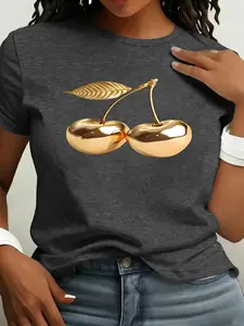 Summer Women's Luxurious Geometric Cherry Print Round Neck T-Shirt, Casual Fitted Top, High-End Style, Letter Pattern, Perfect for Daily Wear