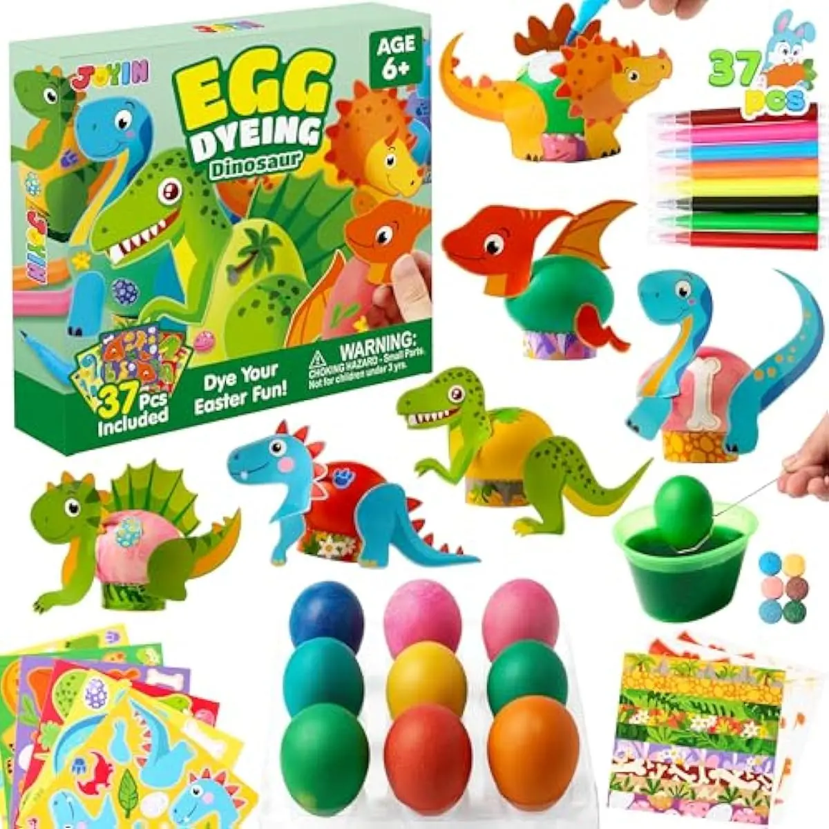 JOYIN 37 PCS Dinosaur Easter Egg Dye Decoration Kit with Dye Tablets and Stickers, Coloring Dyeing Set for Easter Theme Party, Egg Hunt Creativity Activity.