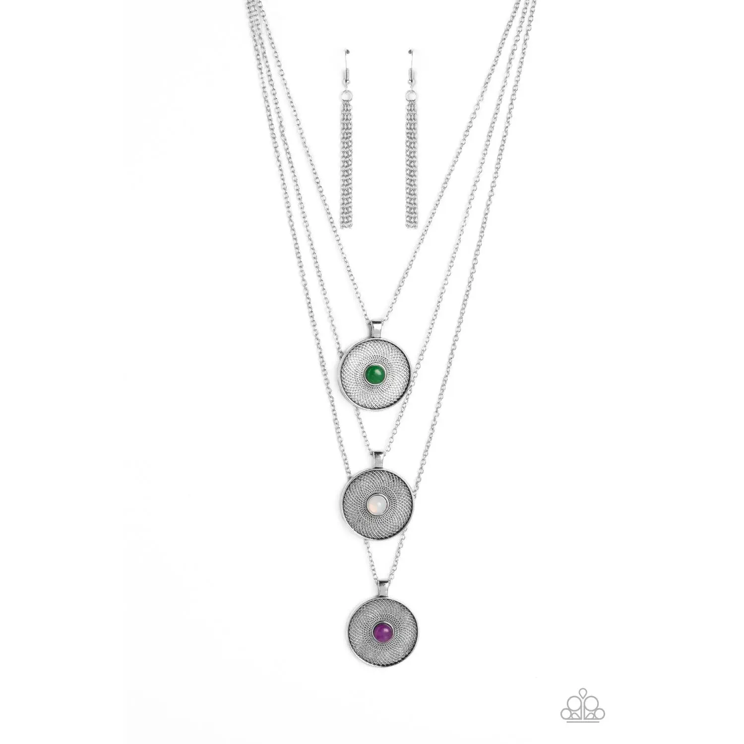 Geographic Grace - Purple White and Jade Stone Silver Medallion Short Necklace - Paparazzi