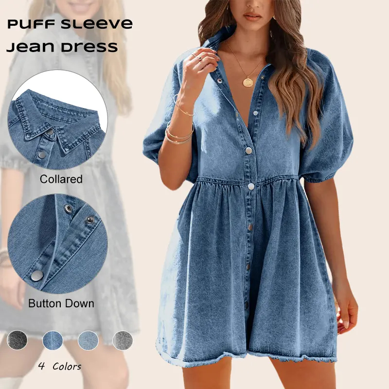 Imily Bela Womens Summer Denim Dress Button Down Short Sleeve Babydoll Dress Puff Sleeve Flowy Jean Dress