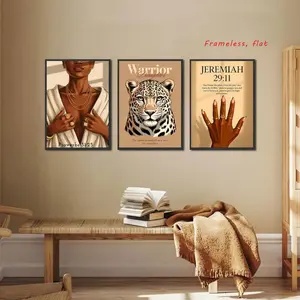 3-Piece Set, Black Women's Canvas Wall Art Christian Bible Verse Wall Decor Leopard Print Design Stylish Black Girl Painting Art Print Suitable for Living Room or Bedroom High Definition, Waterproof, Artistic, Frameless