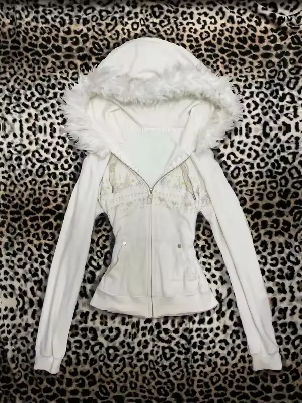 Y2K pink faux fur collar hooded sweatshirt, letter embroidery zip-up cardigan, slim-fit spicy girl jacket