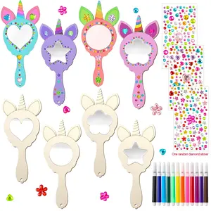 4/12 Piece DIY Unicorn Mirror Kit, Unfinished Wooden Handheld Mirrors, Craft Set with Colorful Drill Stickers, Perfect Birthday Gift
