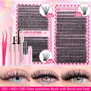 740pcs False Eyelash Extension Kit with DIY Eyelash Clusters, Bond, Seal, Remover, Lash Brush, 30D/40D/50D Styles, D Curl Lashes for Parties & Festivals