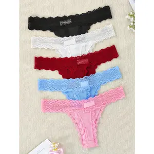 Sexy Low Rise Thong Panties for Women, Polyamide and Elastane Blend, Solid Color Lace Thongs with Bow Detail, Comfortable Knit Fabric G-Strings