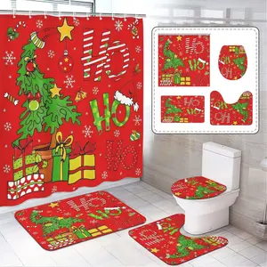 1/4pcs Christmas and New Year Theme Shower Curtain Set, Christmas Tree and Gift Pattern, Non-Slip Mat, U-Shaped Rug, Toilet Lid Cover, Includes 12 Hooks