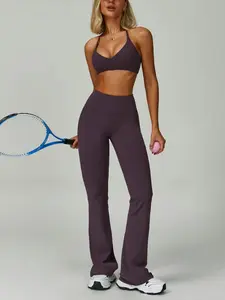 Women's Sport Quick Drying 2-Piece Set, Workout Running Outfits, Sexy Back Sports Bra & High Waist Flare Leg Pants, Yoga Workout Running & Fitness Activewear, Outdoor Sportswear for Women, Athleisure Wear Set, Summer Activewear