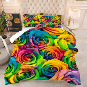 3D Rainbow Rose Floral Bedding Set, Including 1 Duvet Cover And 1/2 Pillowcase (Without Filling), Suitable For Minimalist Bedroom Decor, Infusing The Bedroom With A Natural Artistic Atmosphere And Elevating The Style.