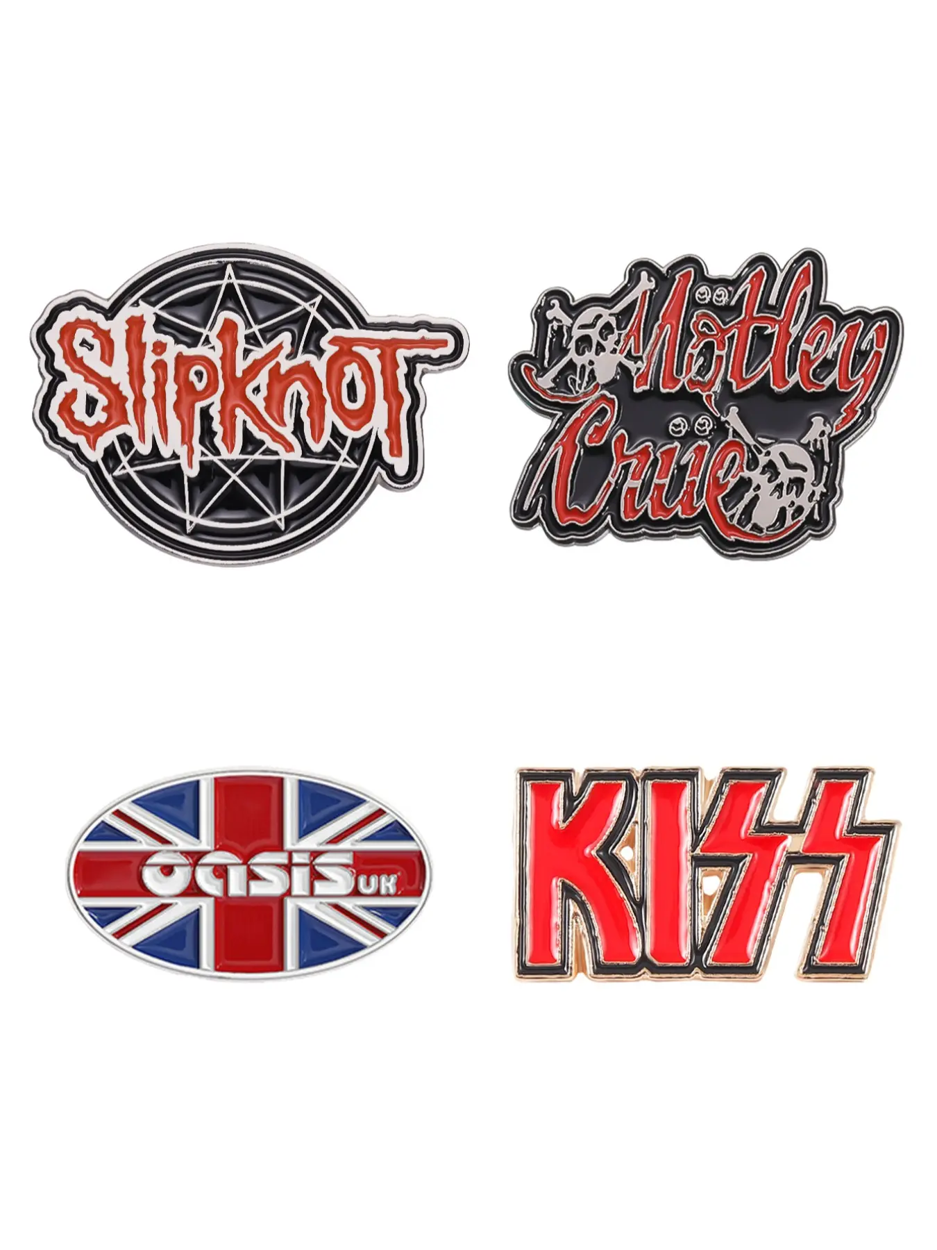 4 Piece Music Band Enamel Pin Set, Cartoon Style Rock Band Logos (motley Crue, Slipknot, Kiss, Oasis), Colorful Pins for Hats and Backpacks, Men Accessories