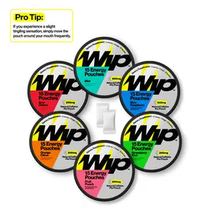 Wip Energy Pouches | 200mg Natural Caffeine | Vitamins and Minerals | 6 Pack Assorted: Sour Cherry, Mint, Orange Citrus, Strawberry Kiwi, Fruit Punch, Blue Raspberry