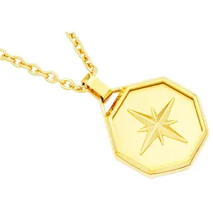 Men's Gold Stainless Steel Compass Pendant With 24" Anchor Chain