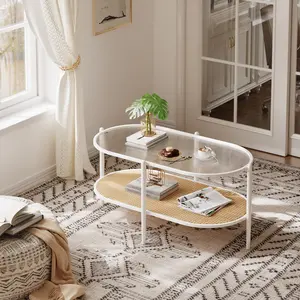 Rattan Oval Coffee Table with Tempered Glass Top & 2-Tier Storage - Modern Farmhouse Center Table, Boho Farmhouse Center Table, Metal Frame Living Room Accent for Apartment, Bedroom, Small Spaces (19.6" x37.4")