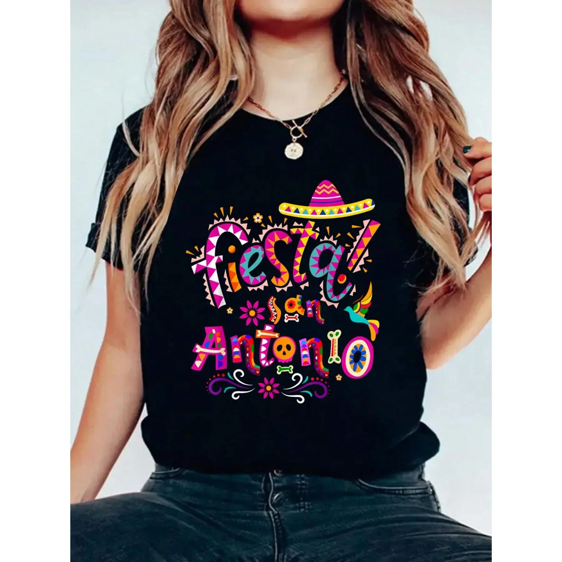 Fiesta San Antonio Texas Cinco De Mayo Lets Fiesta T-Shirt 100% Cotton, Breathable & Comfort Fit, Short Sleeve Women T Shirt Crew Neck Top For All Seasons