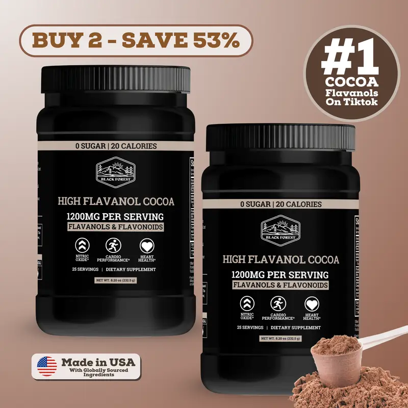Black Forest Supplements Cocoa Flavanols & Flavonoids Powder - 2 Bottles, 1200mg per Serving, 600mg Epicatechin, Supports Circulation, Heart Health