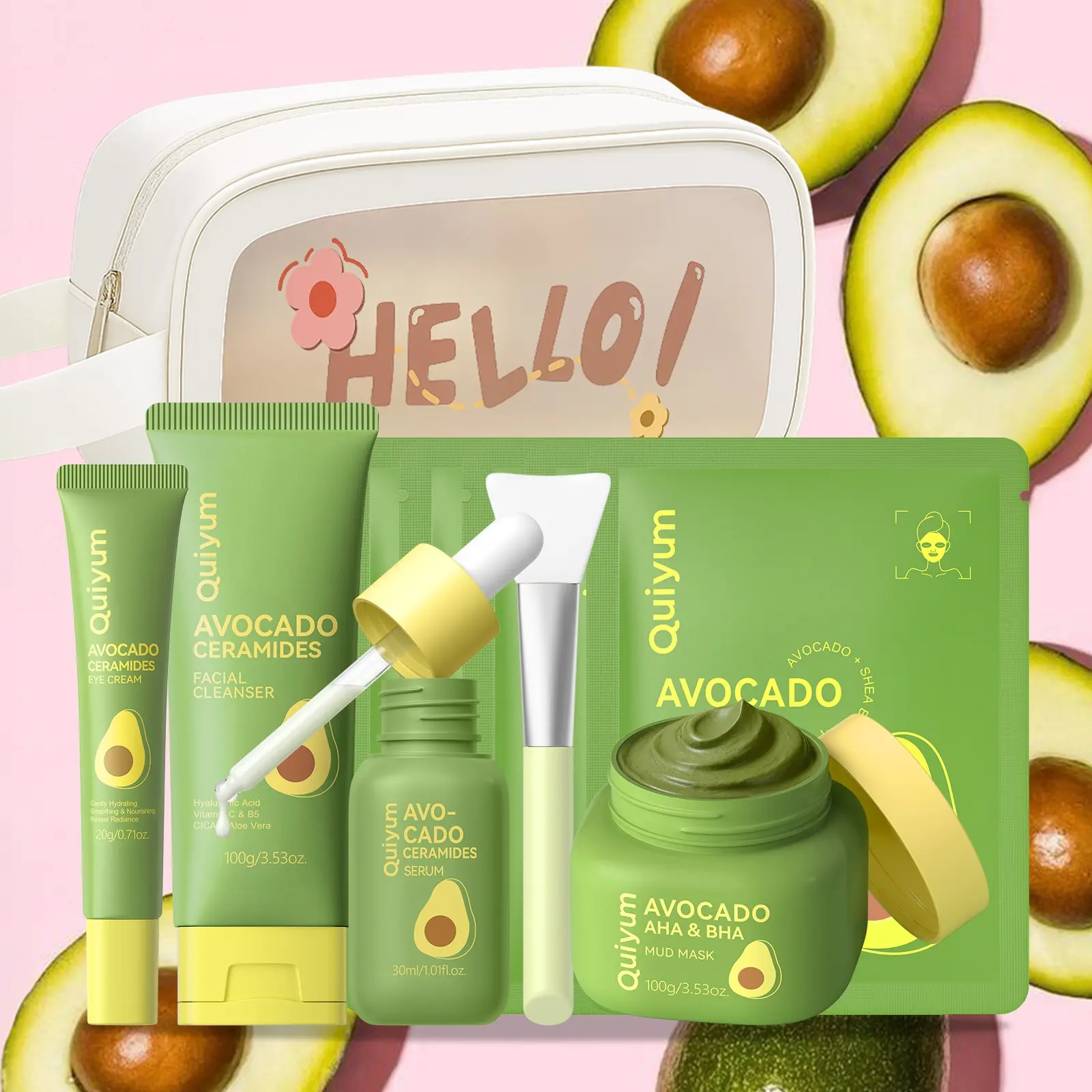 QUIYUM Deluxe Avocado Skincare Gift Set - Skin Care Sets - 5 Items Daily Skin Care Ritual | Refreshing Cleanser, Smoothing Serum & Hydrating Eye Cream | Complete Spa Kit with Silicone Mask Brush & Portable Organizer
