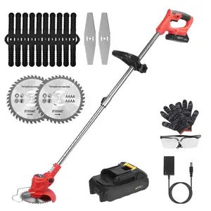 Electric Cordless Grass Trimmer Rechargeable Lawn Mower Weed Cutter with Alloy Saw Blade 2 Alloy Blades 5 Plastic Blades 2 Rechargeable Batteries Goggles Gloves Auxiliary Handle