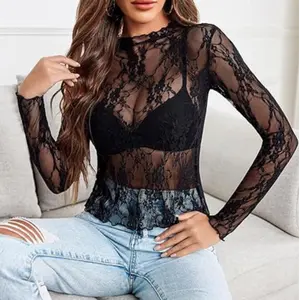 Womens Mesh Tops Lace Long Sleeve Shirts Slim Fitted Outfits See Through Blouses Top，Lace Tops for Women, Mesh Top Long Sleeve Floral Lace Blouse, Sheer Mesh Mock Neck Layering Top