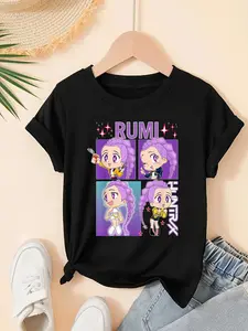 Girls Kpop Demon Hunters Korean Series Short Sleeve T-Shirt, Rumi Exclusive Cartoon Print, Casual Round Neck Summer Top, Cute Girls Tee