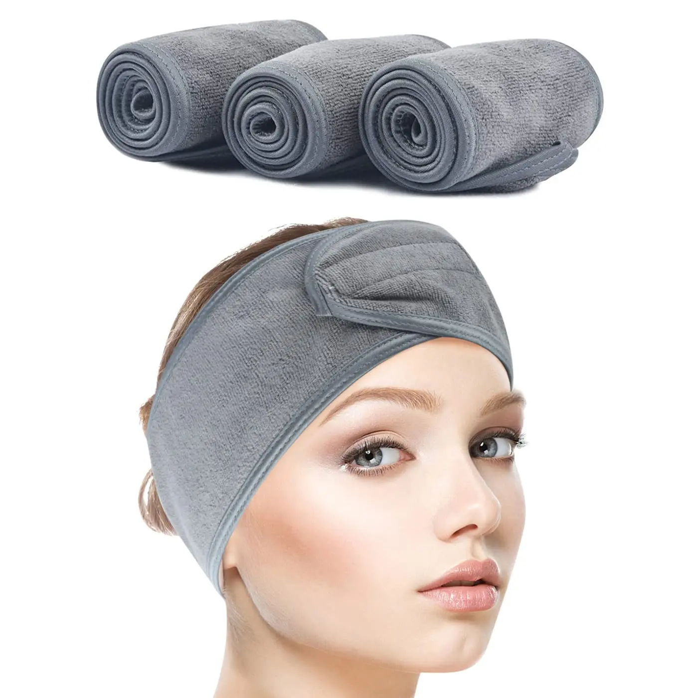 Headband for Women 3 Counts Ultra Soft Adjustable Makeup Hair Band with Magic Tape, Terry Cloth Stretch  Wrap for  Washing, Bath, Shower, Facial Mask, Yoga