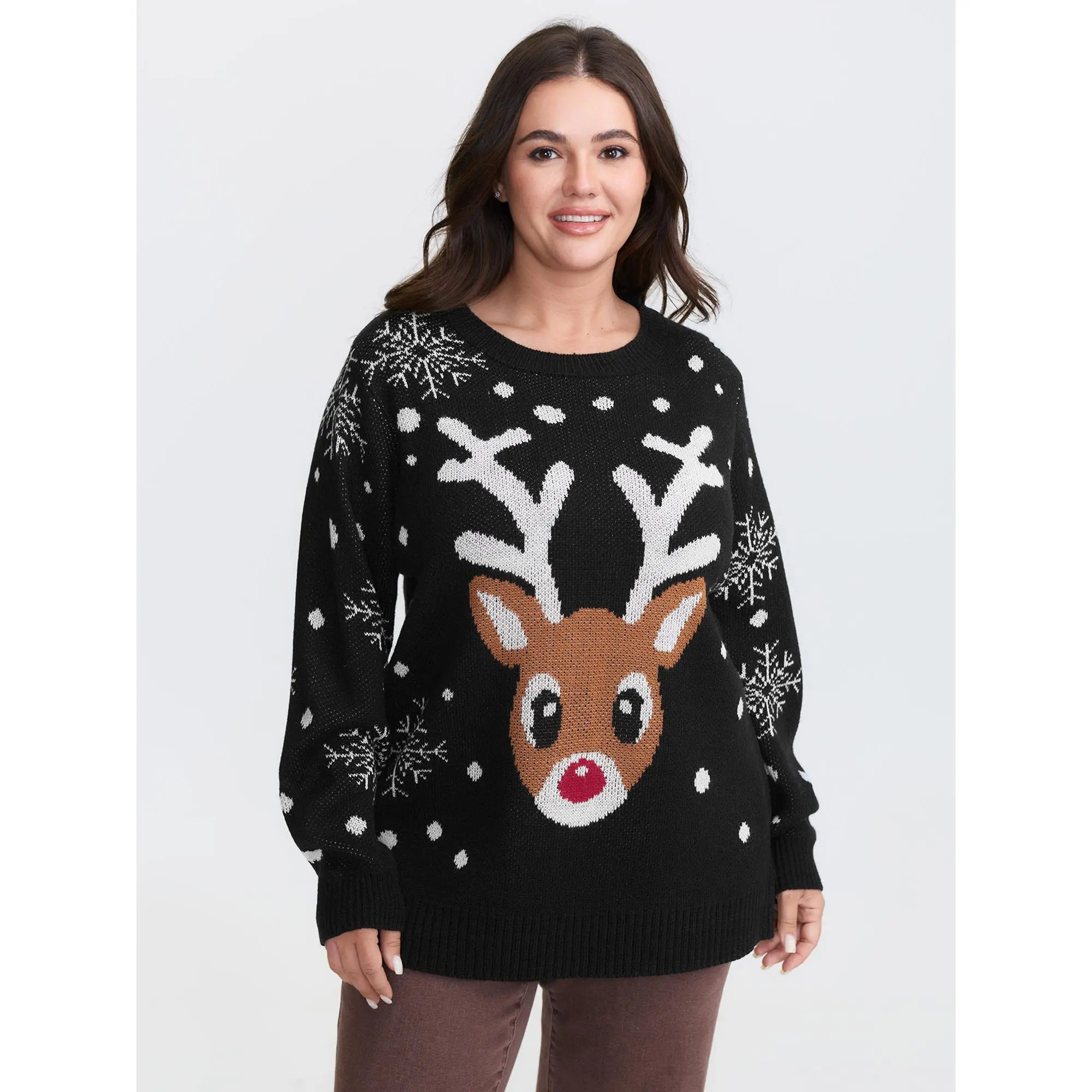 BloomChic Women's Soft Knit Fabric Plus Size Pullover - Festive Deer & Snowflake Graphic Jacquard Tops, Long Lantern Sleeves Low Iron Care Knitwear