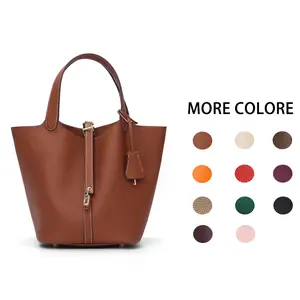 SADI Women’s Real Leather Solid Handbags with Pouch Bag as Gift Casual Styling Shopper Stylish Handbag Classic Picnic Basket for Daily Use Unique Large-sized Durable Tote Bag 22CM Large Size Bucket Bag Includes Leather Samples for Authenticity Testing