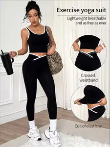 Women's Seamless Yoga Set, Strap Vest & High-Waisted Butt-Lifting Pants, Colorblock Design, Ideal for Outdoor Sports & Fitness, Yoga Tracksuit Set