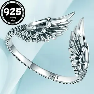 1pc S925 Sterling Silver Wings Open Ring, Simple Retro Guardian Feather Finger Ring Hand Jewelry