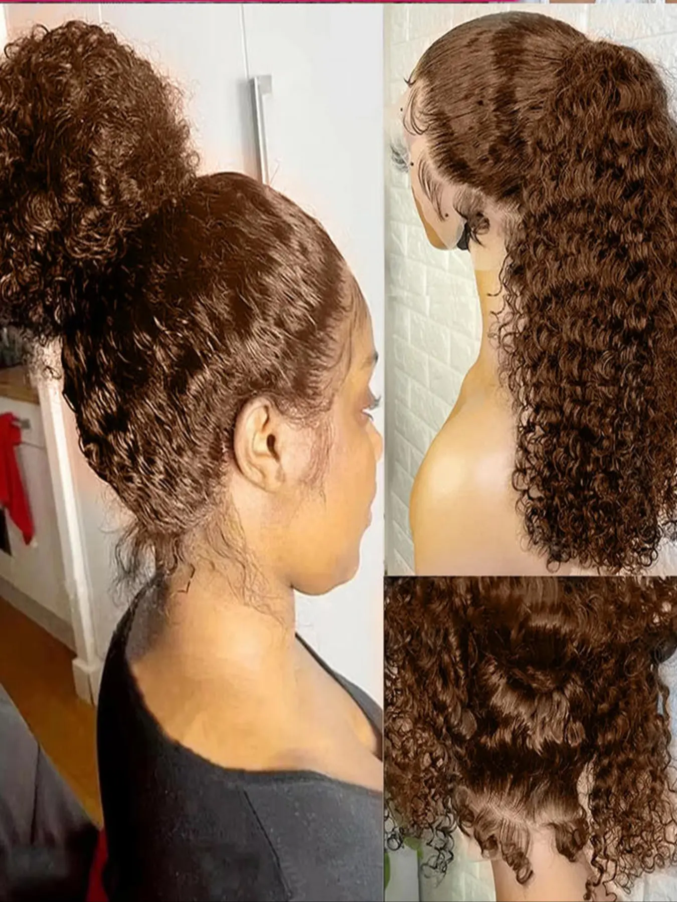 Chocolate Brown Invisible Strap 360 Full Lace Wig Glueless Wig Kinky Curly Human Hair Deep Curly Brown 360 Lace Front Lace Wigs
