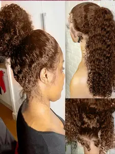 Chocolate Brown Invisible Strap 360 Full Lace Wig Glueless Wig Kinky Curly Human Hair Deep Curly Brown 360 Lace Front Lace Wigs