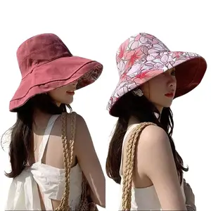 Elegant Women’s Double-Sided Wide-Brim Sun Hat High-Quality Reversible Bucket Hat with Floral Pattern for All Seasons Beach Walks & Summer Dates