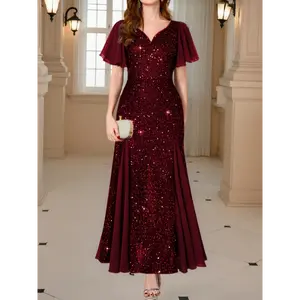Women'S Elegant Sequin Lace Evening Maxi Dress with Sweetheart Neckline & Ruffle Sleeves - Floor-Length Formal Party Wedding Guest Dress in Navy Red/, All-Season Luxury Bridesmaid Gown for Galas & Special Occasions, Wedding Dresses for Brid
